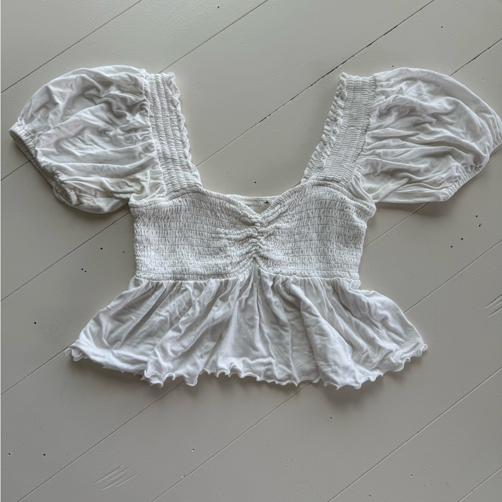 White Smocked Puff Sleeve Top